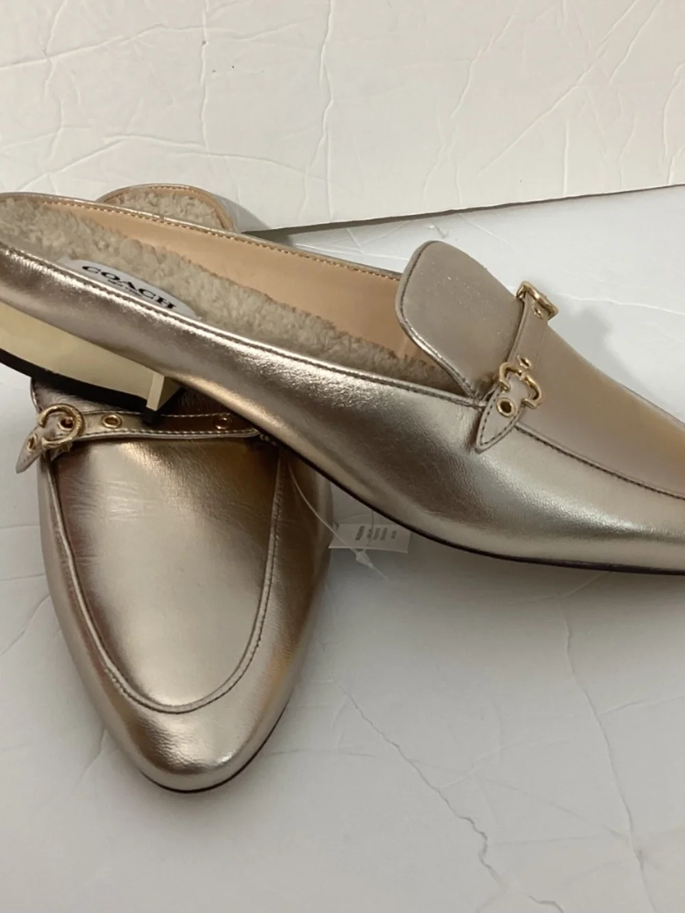 NEW W/OUT BOX COACH MULES IRENE METALLIC GOLDEN SHEARLING LINING